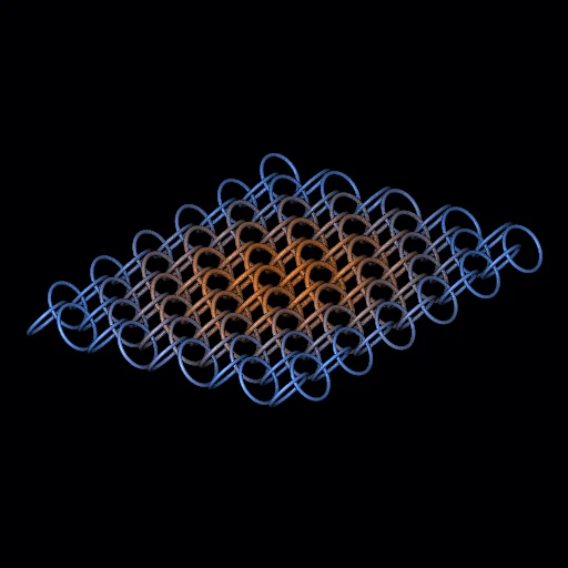 An open sheet of interwoven rings transitions from orange in the middle to blue around its edges.