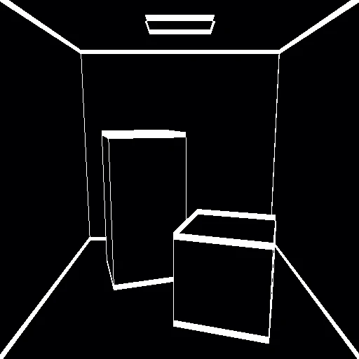 The same Cornell-box scene drawn as white outlines on black.