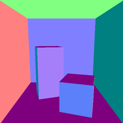 The same Cornell-box scene colored pink, green, cyan and purple according to surface orientation.