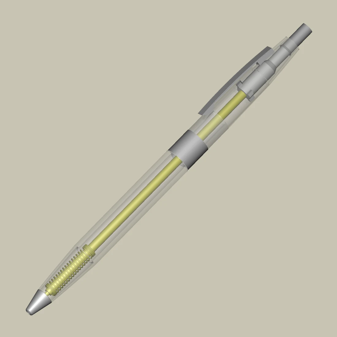 A pen runs diagonally across a neutral background; its clear housing reveals a yellow refill, coiled spring and gray internal mechanism.
