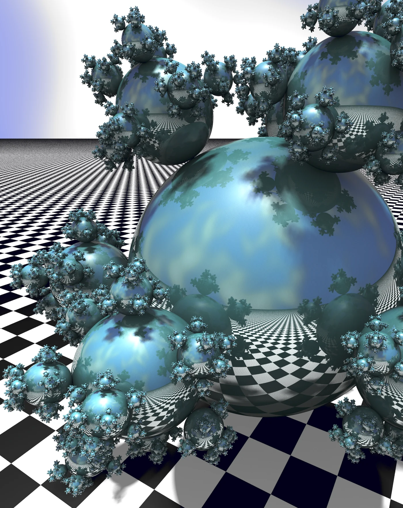 Glossy blue-gray spheres repeat into tiny clusters and reflect a black-and-white checkered floor.